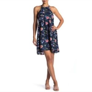 Abound Halter Neck Linen Blend Shift Dress Floral Blue Women's Medium M Cute EUC